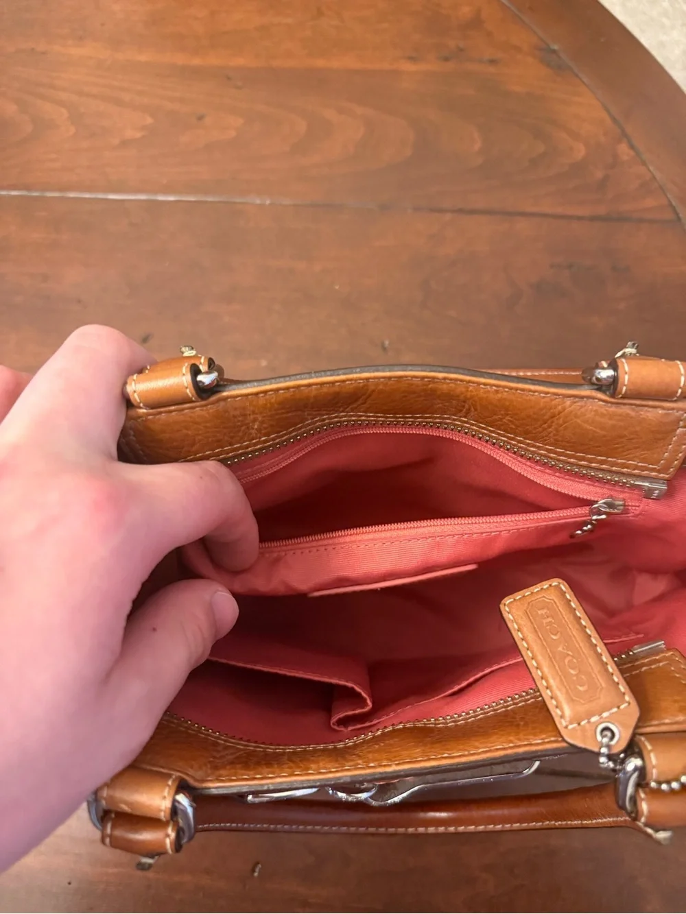 Coach Red Tweed and Brown Leather Top-Handle Satchel - Picture 11 of 15